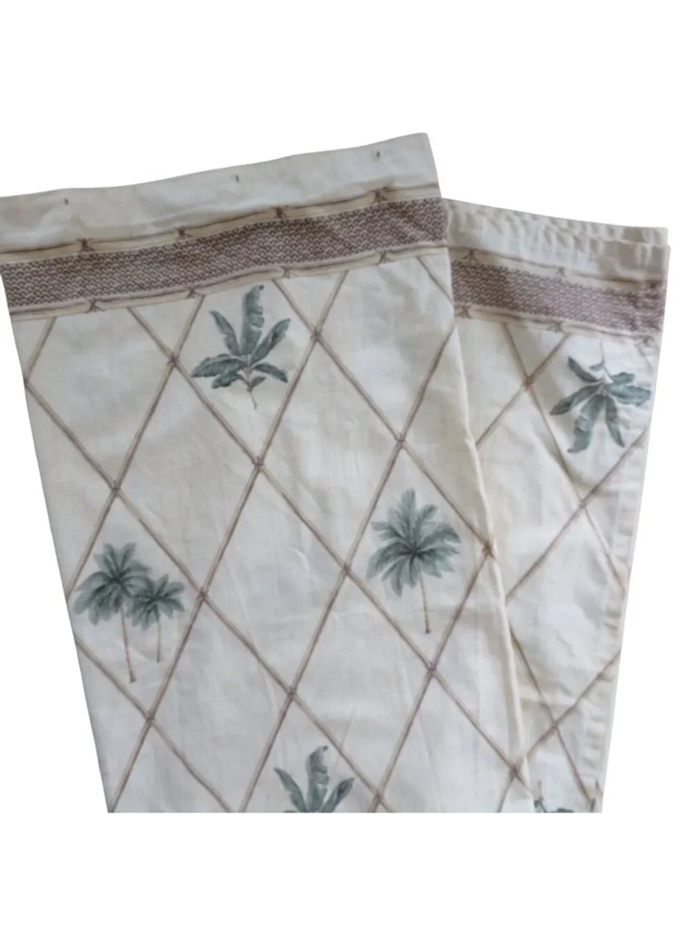 Vintage Springs Home Fabric Shower Curtain Beige Palms Lattice Cotton USA Made
